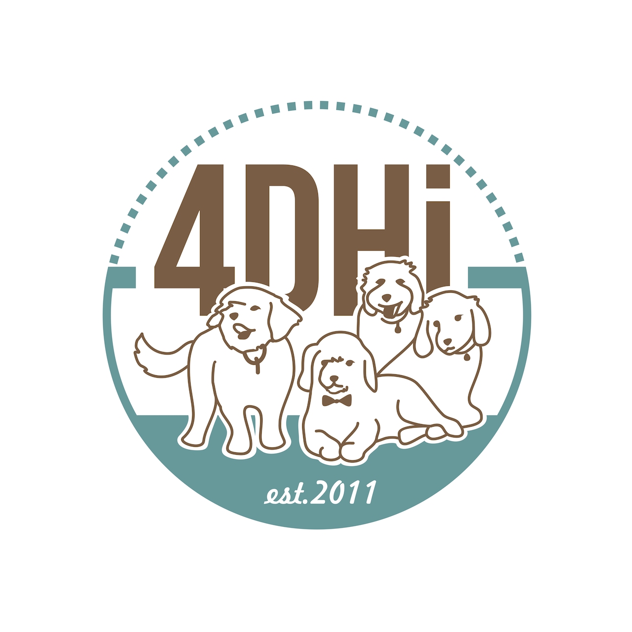 4DHI logo four dogs in the center of a circle, text that says \